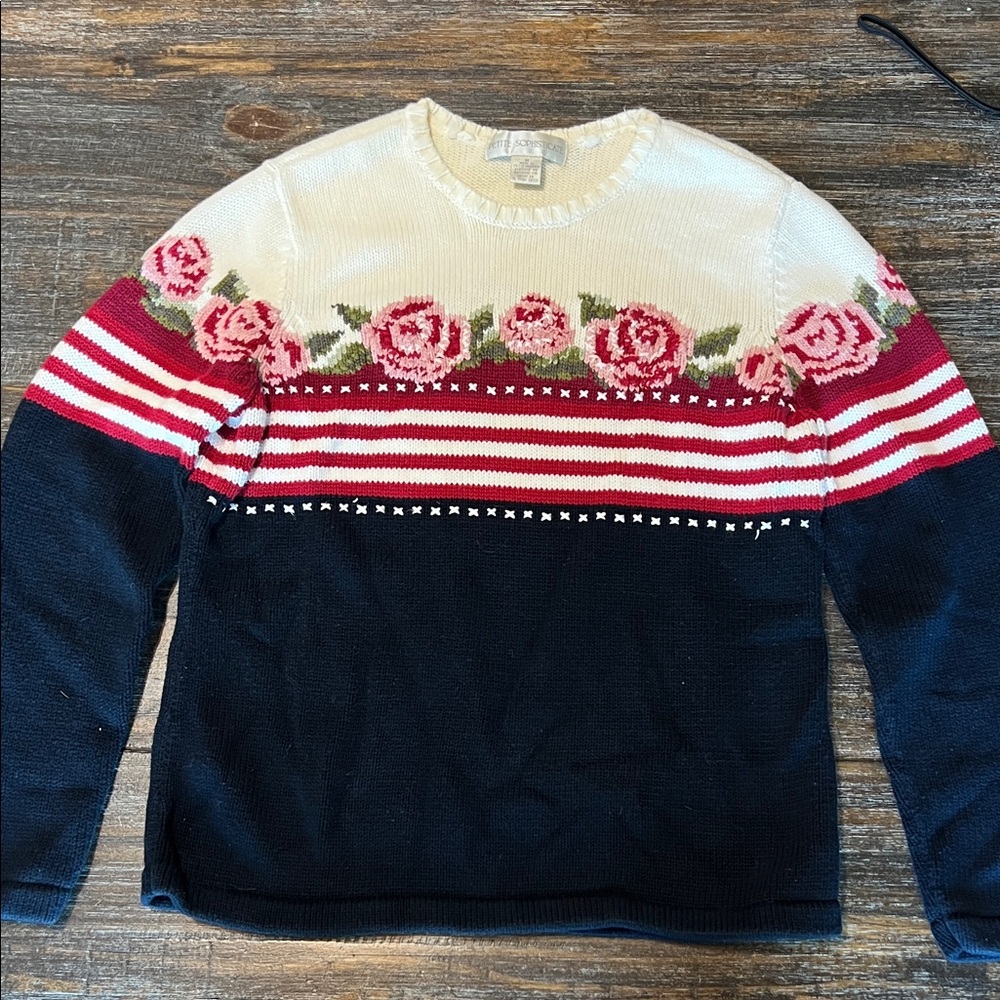 Petite Sophisticate Floral Stripe Sweater - Cream, Red, Navy